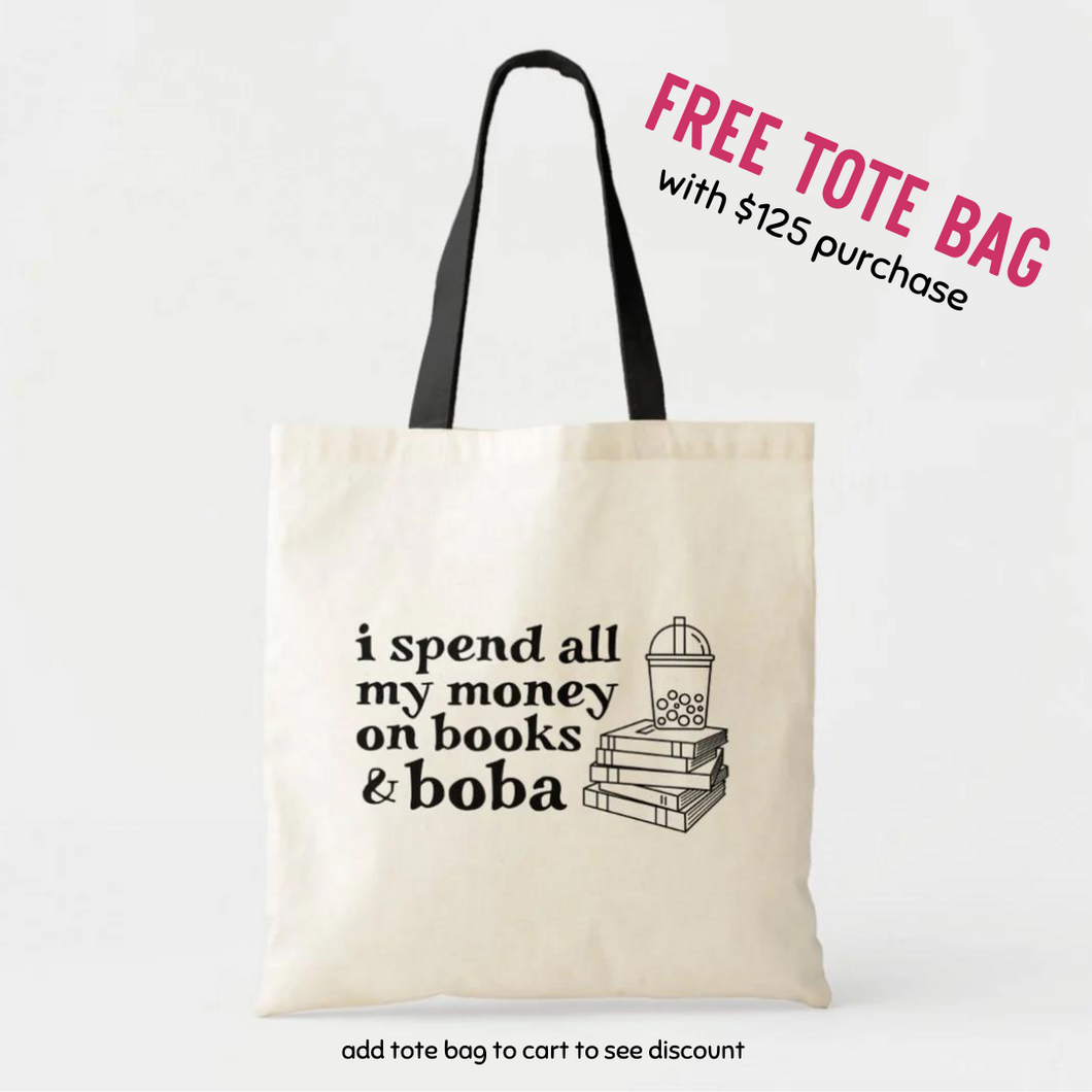I spend all my money on books and boba cotton tote bag