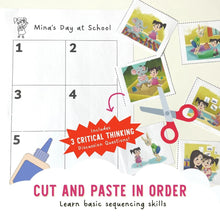 Load image into Gallery viewer, Mina's First Day of School by Katrina Liu - School Day Sequence Activity Sheets for kids by Lycheepress