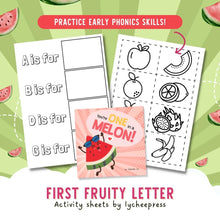 Load image into Gallery viewer, You're One in a Melon! by Katrina Liu - First Fruity Letter Activity Sheets for kids by Lycheepress