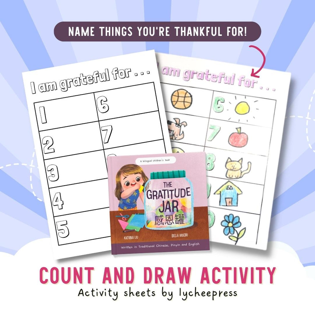 The Gratitude Jar by Katrina Liu - Count and Draw Activity Sheets for kids by Lycheepress